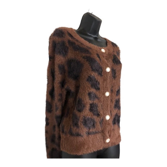 Brown black spotted fuzzy furry gold trim pearlized button cardigan sweater - Picture 8 of 11